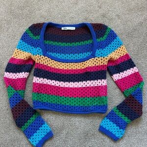 Zara Crochet Knit Long Sleeve Cropped Multi Colors Sweater Top